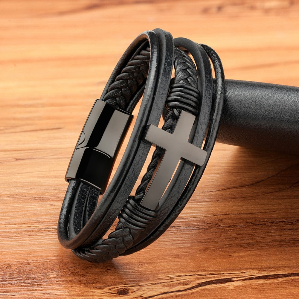 Pulseira de Couro Masculina - Cruz