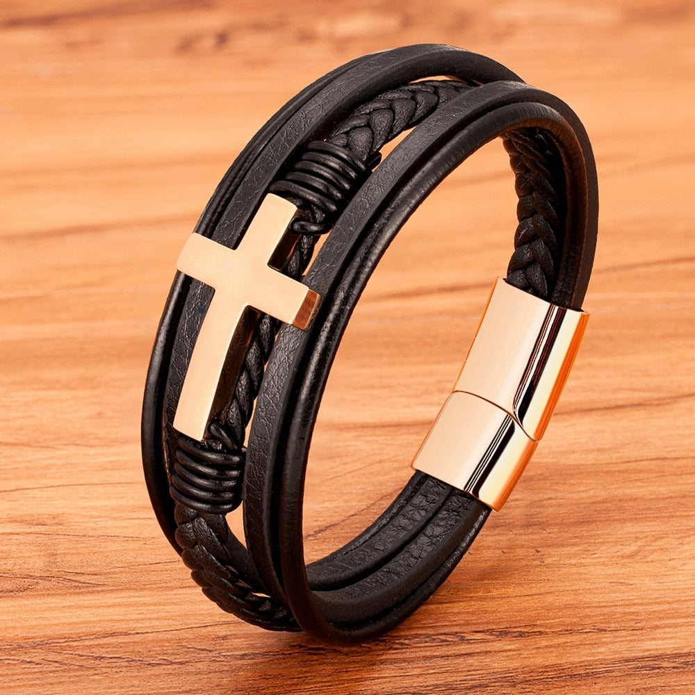 Pulseira de Couro Masculina - Cruz