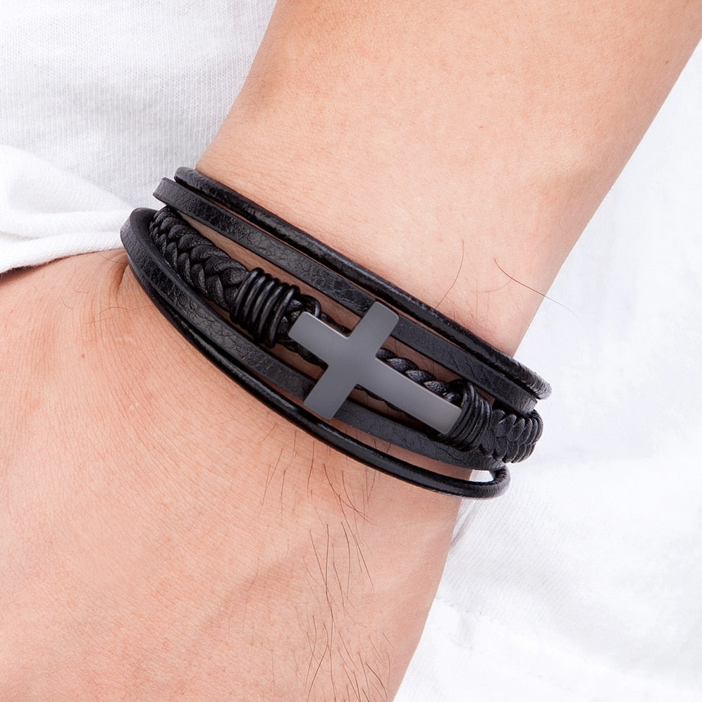 Pulseira de Couro Masculina - Cruz
