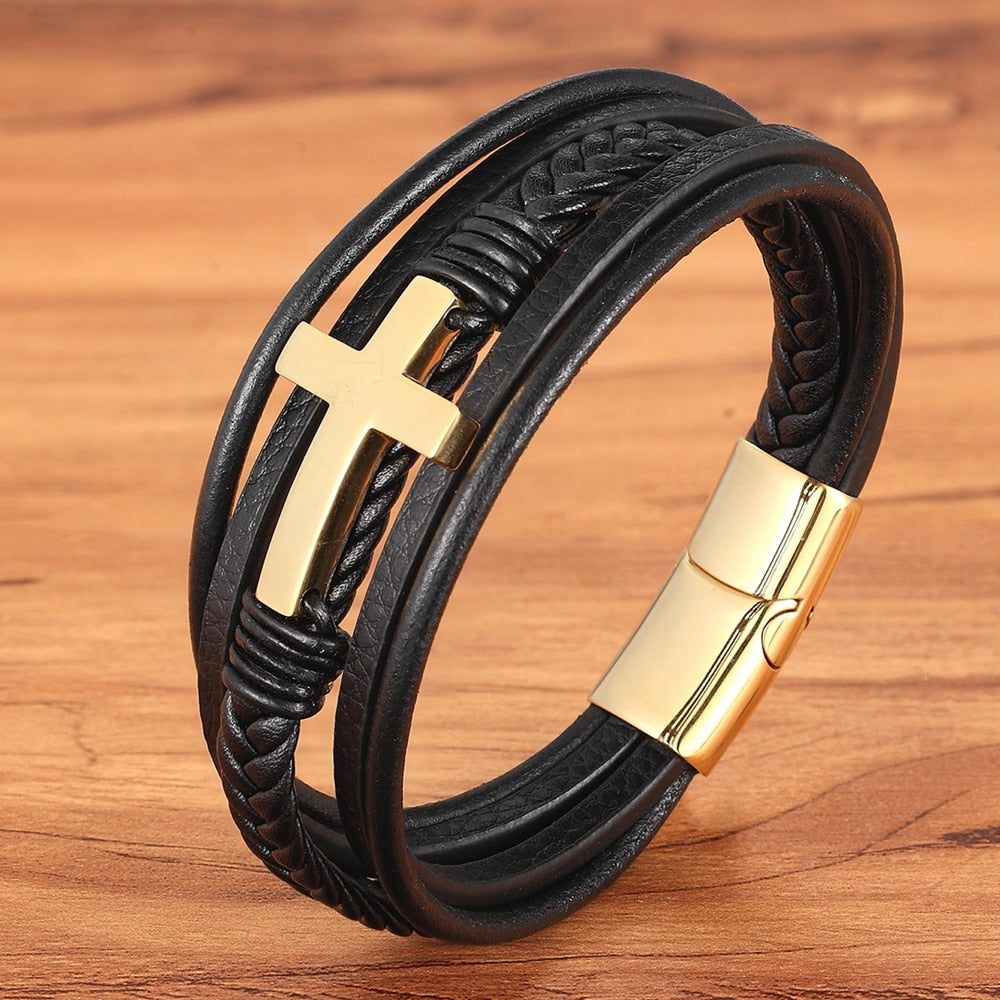 Pulseira de Couro Masculina - Cruz