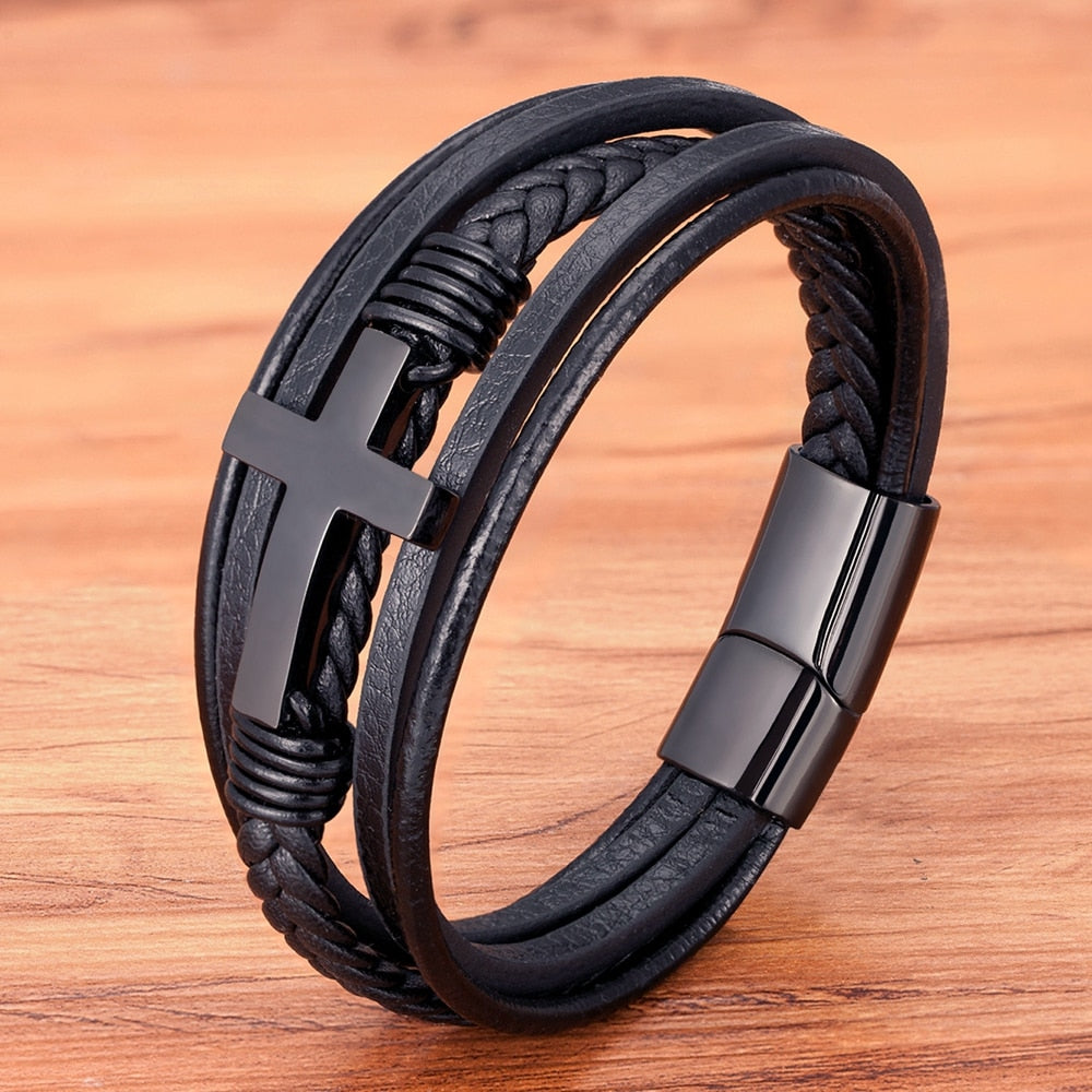 Pulseira de Couro Masculina - Cruz