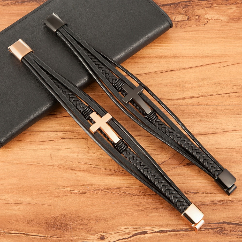 Pulseira de Couro Masculina - Cruz