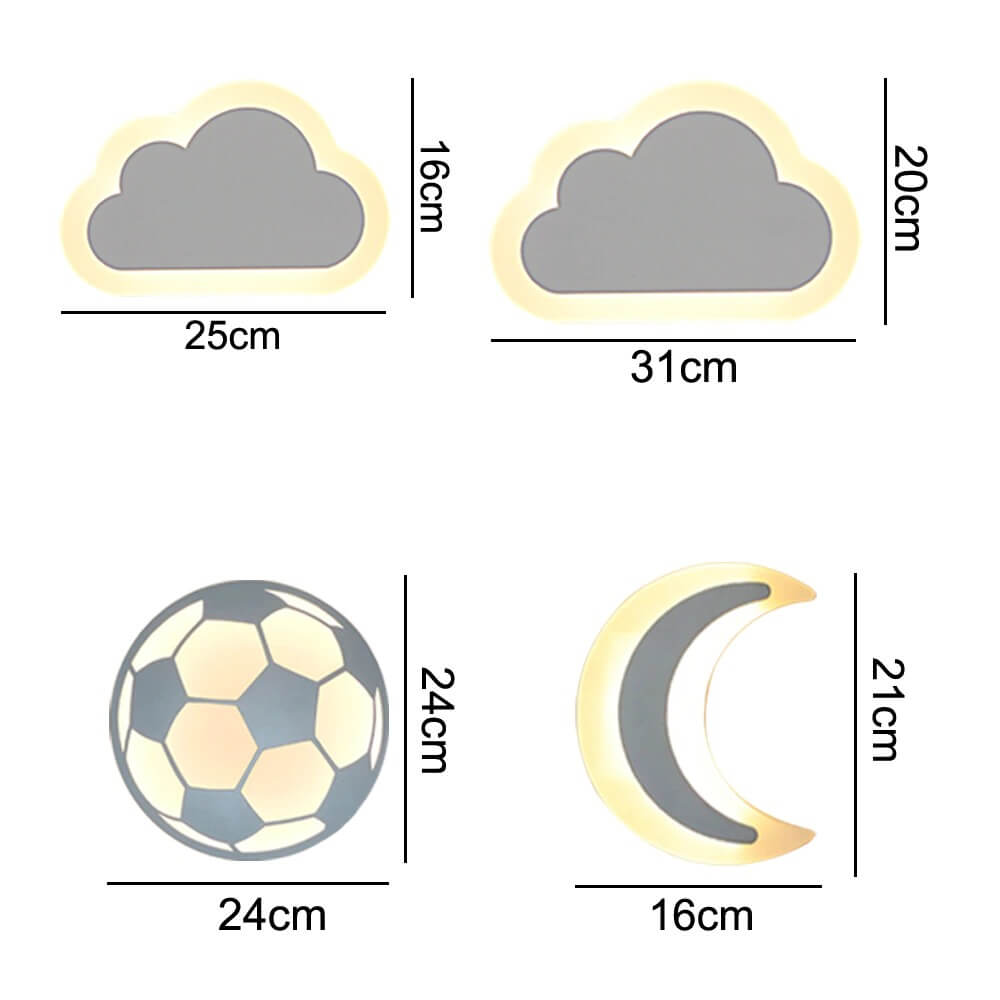 Luminária Infantil de Parede - Nuvem, Lua e Bola de Futebol