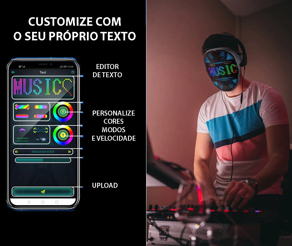 Máscara de LED Com Bluetooth - Para DJ, Festas, Raves, Baladas