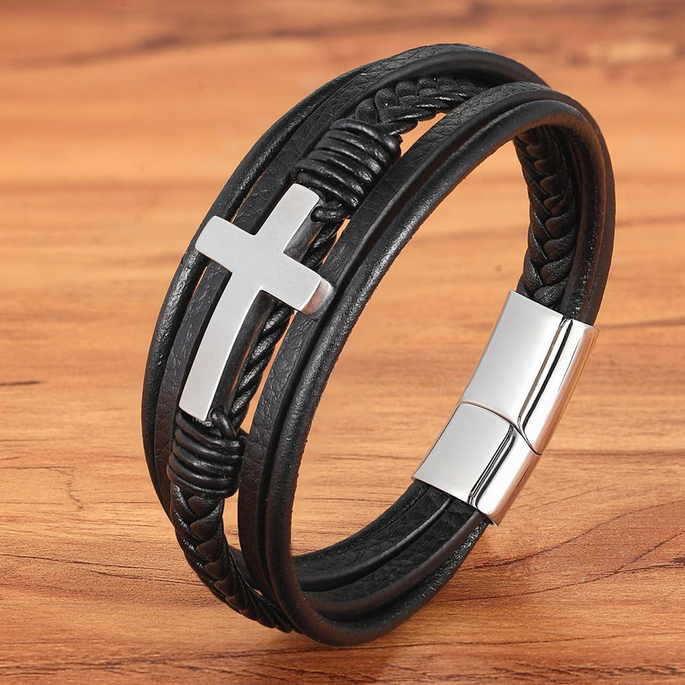 Pulseira de Couro Masculina - Cruz