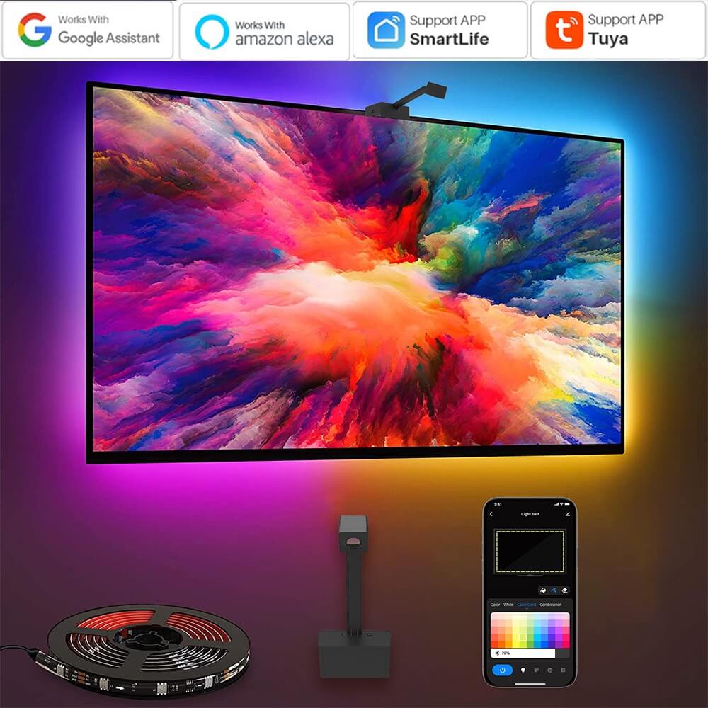 Ambilight RGB Com Câmera e Alexa Para TV de 55-65" Sincroniza LED Com Imagem