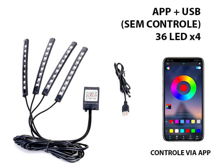 LED RGB Para Interior do Carro Tuning - Com Controle ou App