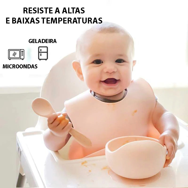 Conjunto Alimentação Bebê Babador Com Pega Migalhas + Prato Fundo + Colher Silicone