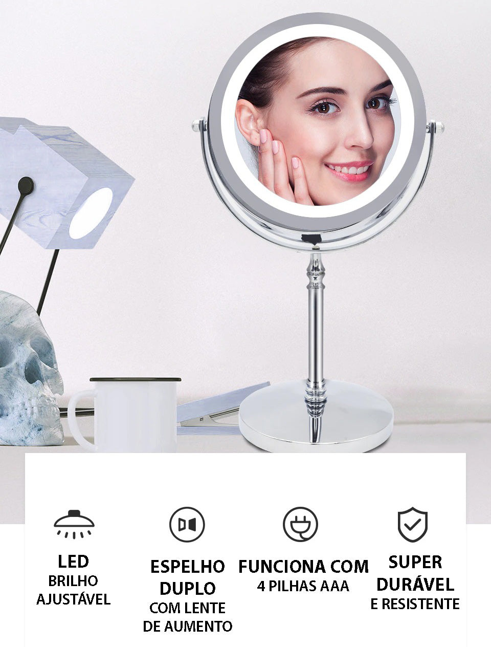 Espelho de Maquiagem Duplo Com LED e Ampliação 10X