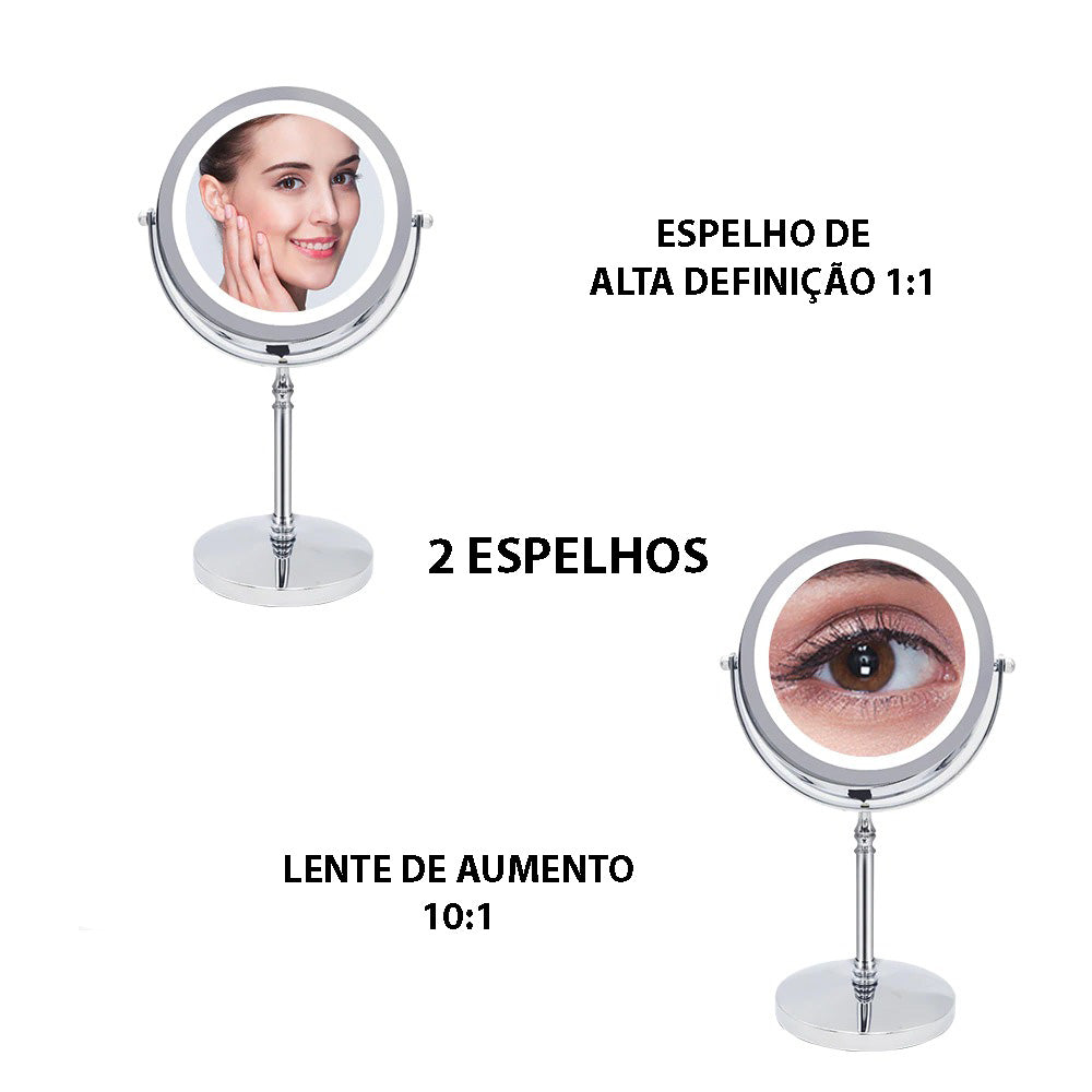 Espelho de Maquiagem Duplo Com LED e Ampliação 10X