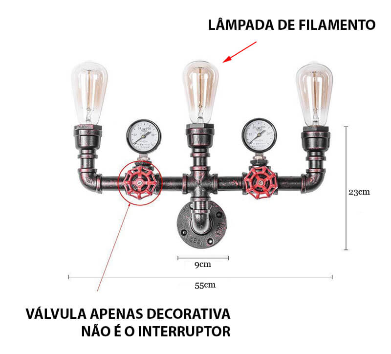 Luminária Industrial de Parede Com Canos de Ferro e 3 Lâmpadas Retrô