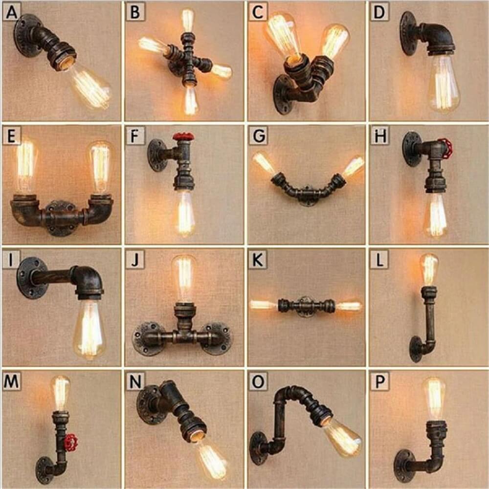 Luminária Industrial de Parede Com Canos de Ferro e Lâmpadas Retrô - 16 Modelos