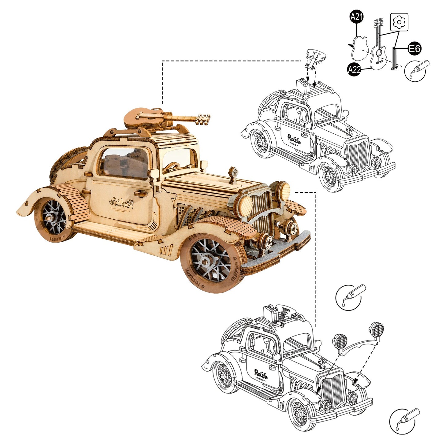 Puzzle 3D de Madeira Para Montar - Carro Antigo e Carruagem